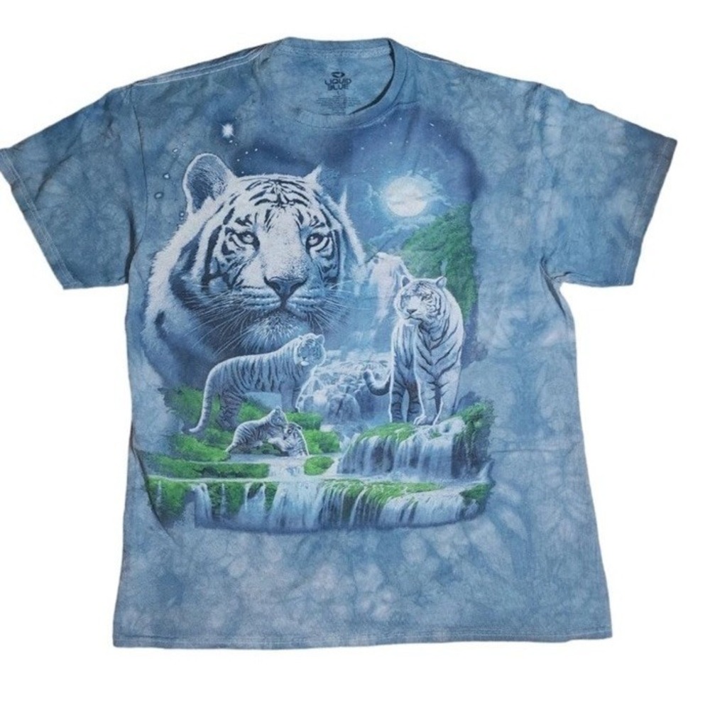 Vintage Liquid Blue Moonlit White Tiger on Blue Tie-Dyed Short Sleeve Tee Size L